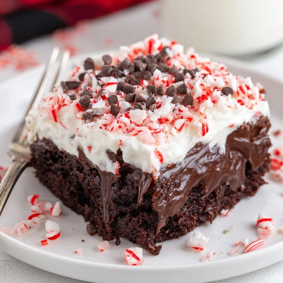Slice of Peppermint Poke Cake chilled, showing chocolate crumbs and minty pudding