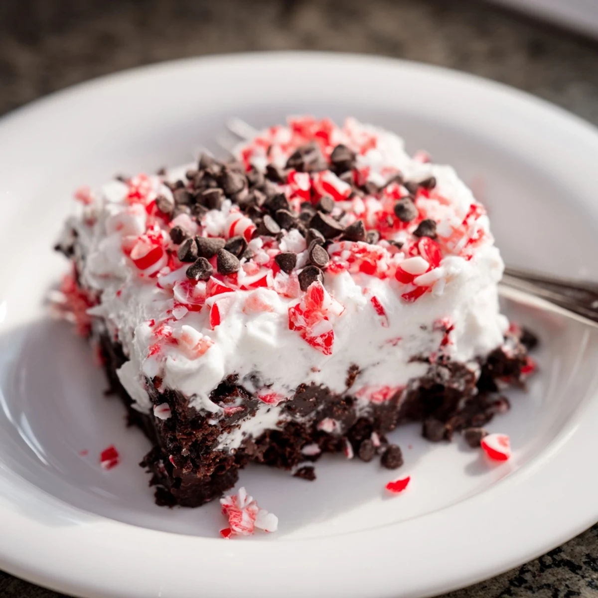 Holiday Peppermint Poke Cake topped with fluffy whipped cream and chocolate shavings