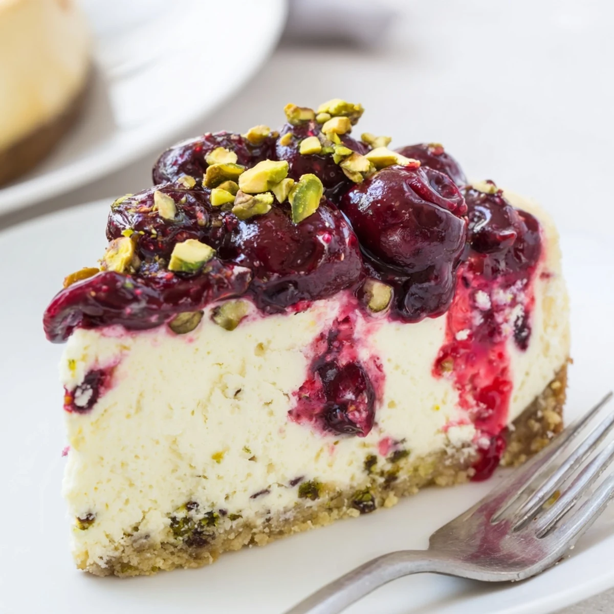 Lemon Lime Cherry Pistachio Cheesecake gleaming with bright cherries and chopped pistachios