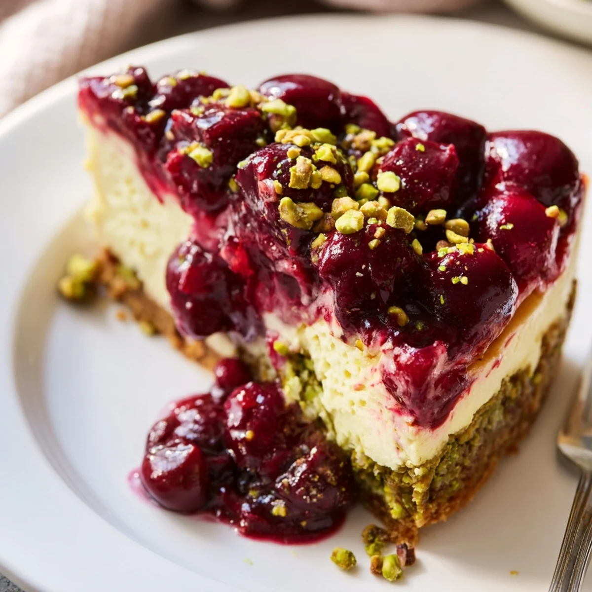 Fork-ready Lemon Lime Cherry Pistachio Cheesecake on plate, crunchy pistachio crust visible