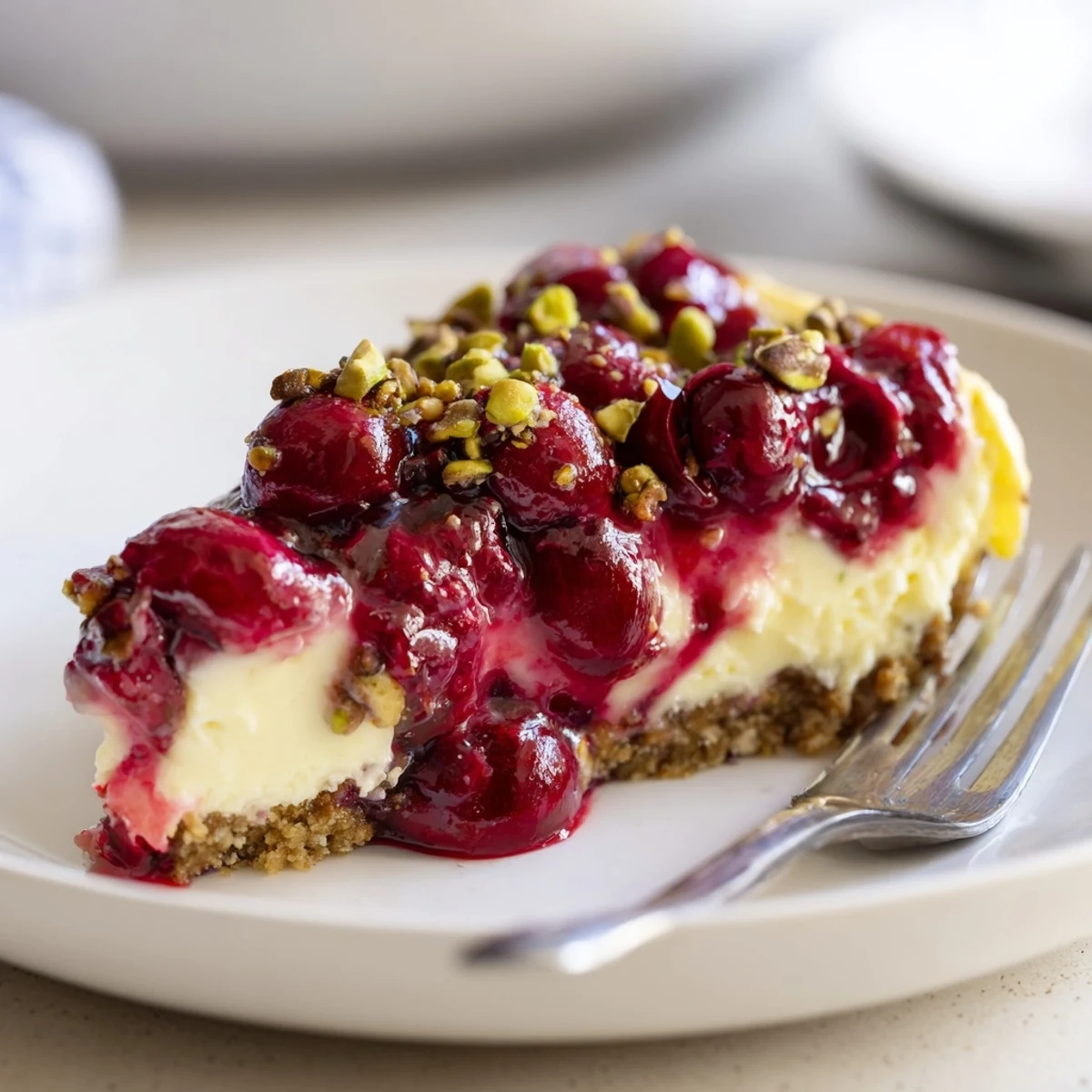 A chilled Lemon Lime Cherry Pistachio Cheesecake slice, creamy, zesty, topped with cherry compote