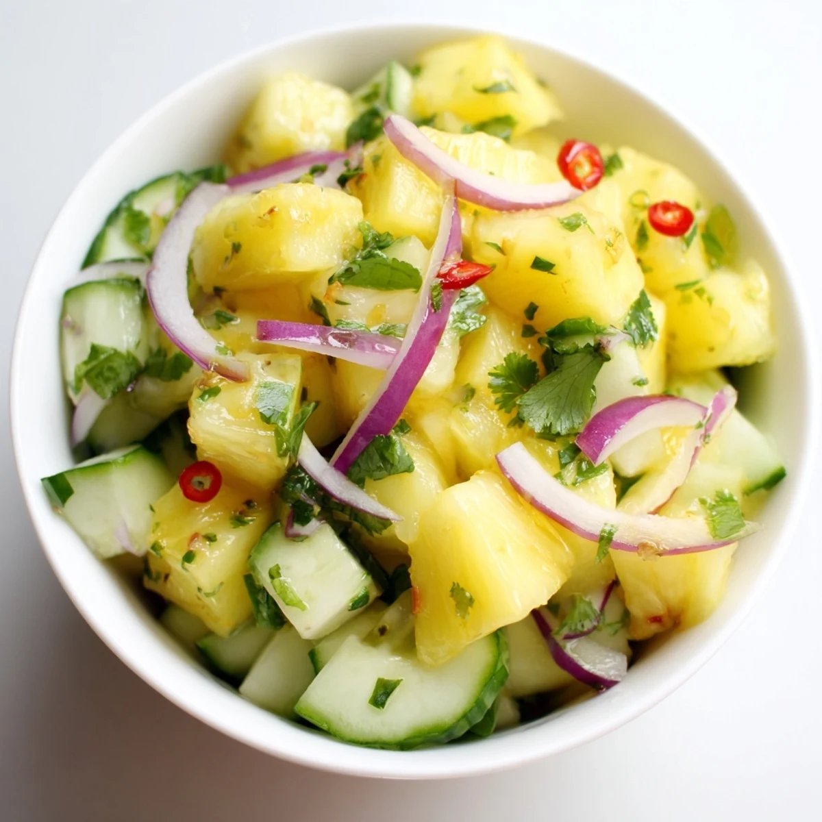 Bright Pineapple Cucumber Salad tossed in lime dressing with cilantro aroma