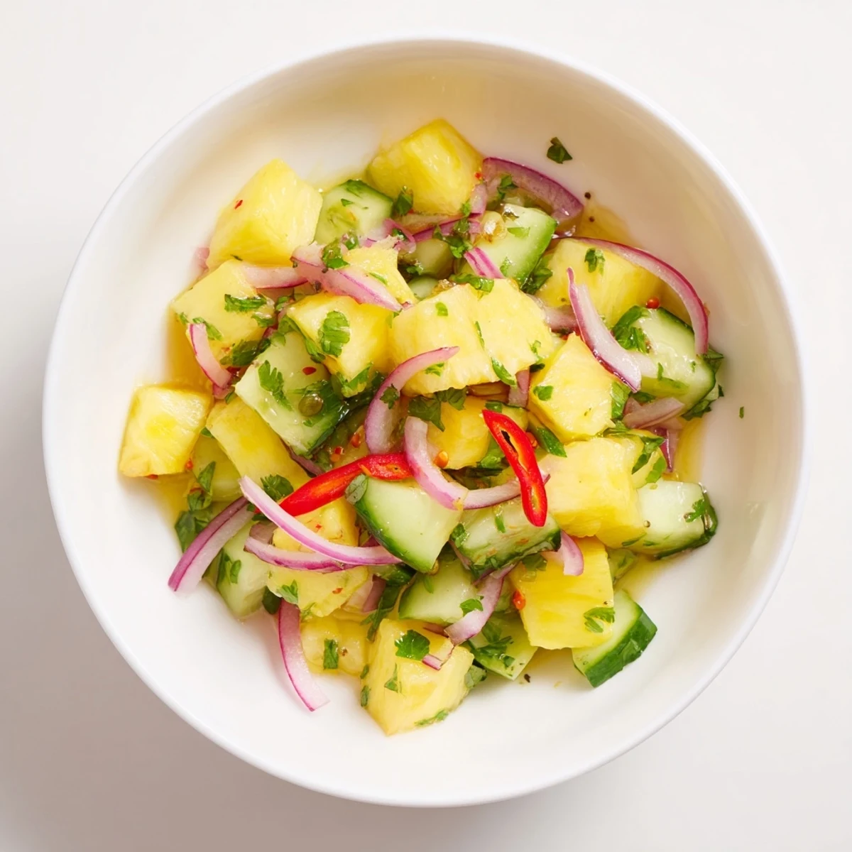 Chilled Pineapple Cucumber Salad topped with thin red onion, spicy chili