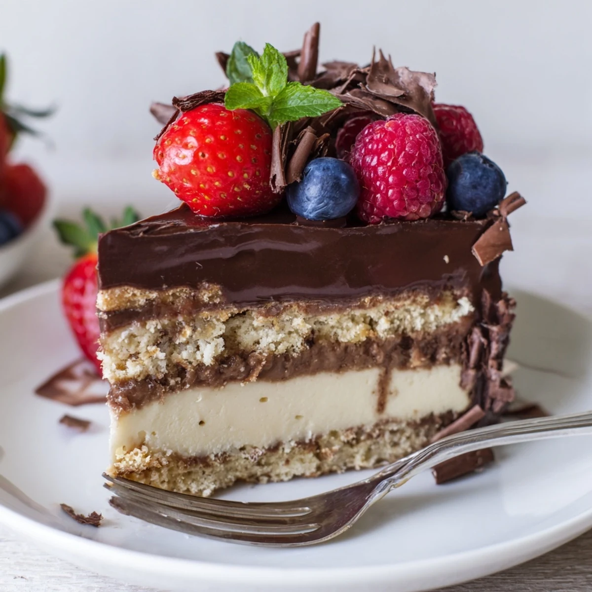 The Ultimate Dessert Recipe with glossy chocolate ganache and fresh berry topping