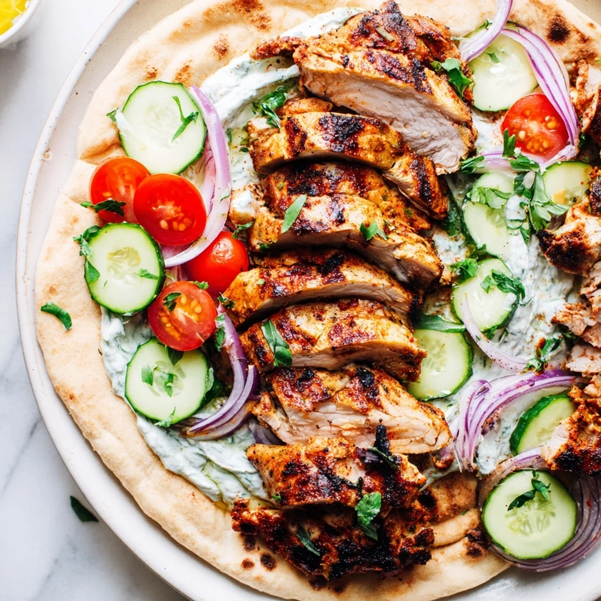 Sliced Shawarma Chicken With Garlic Sauce glistening, topped with fresh parsley and tomatoes