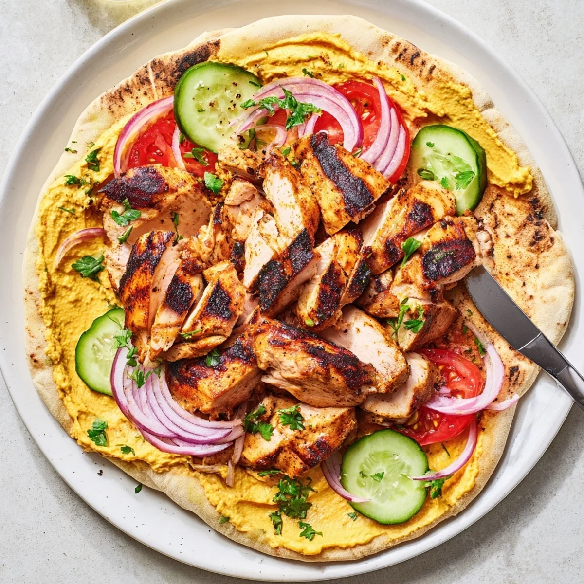 Grilled Shawarma Chicken With Garlic Sauce on cutting board, charred and juicy