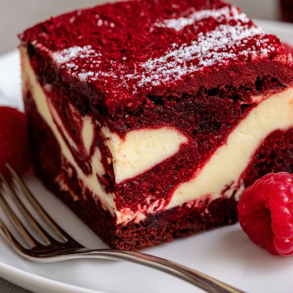 Red Velvet Brownies With Cheesecake Layer cooled, marbled swirls, fudgy center and powdered sugar