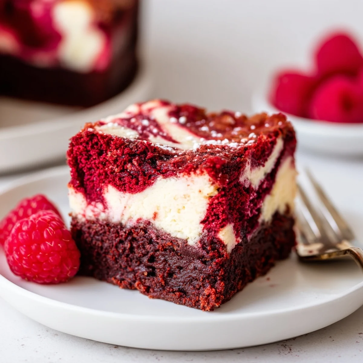 Red Velvet Brownies With Cheesecake Layer sliced, creamy top, dense base, served with berries