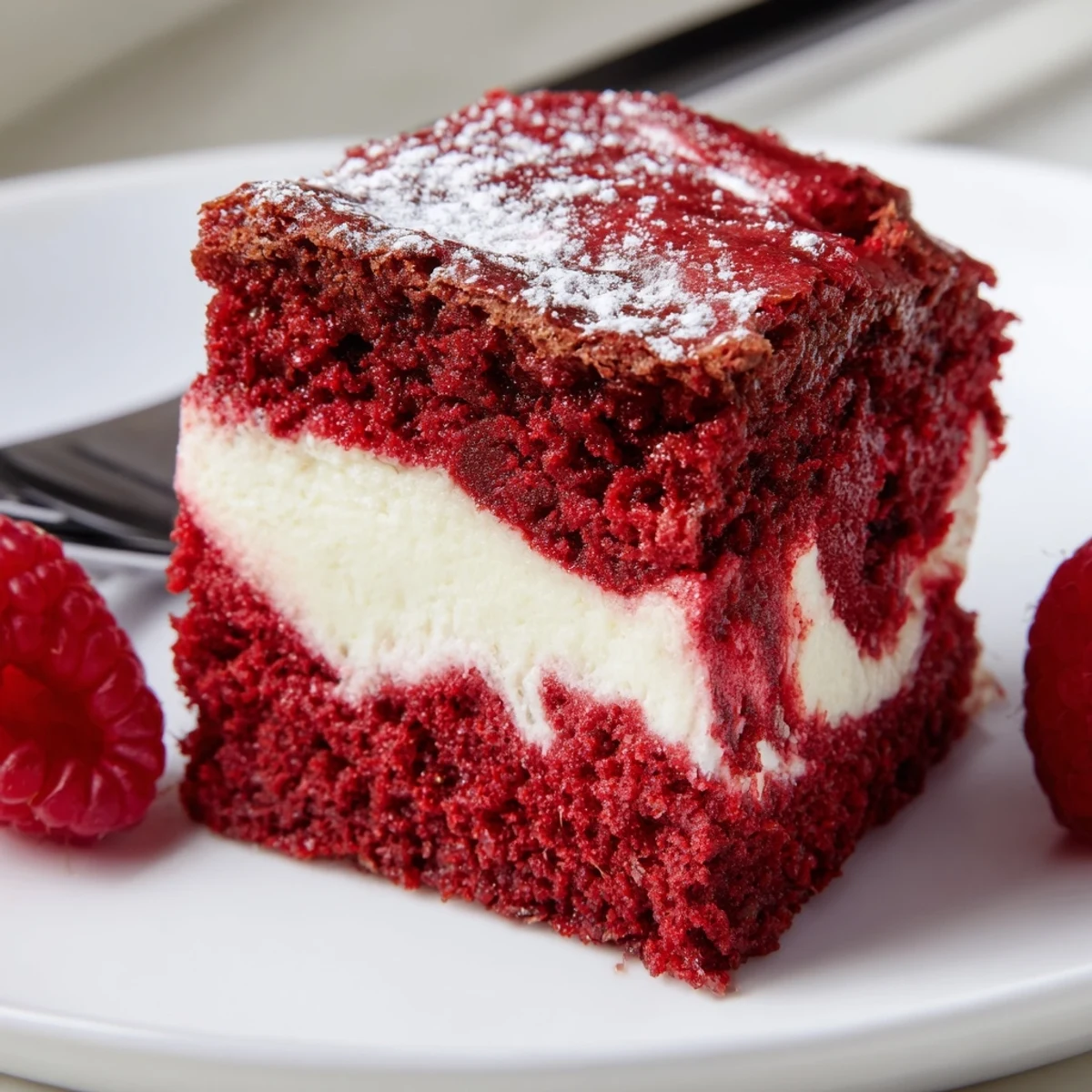 Red Velvet Brownies With Cheesecake Layer swirled top glistening, fudgy crumbs, best served chilled