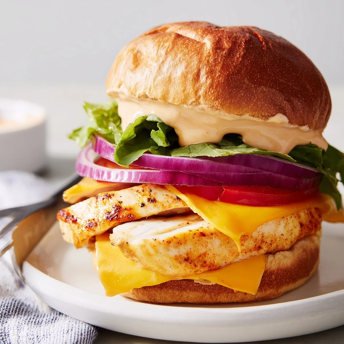 Spicy Chicken Sandwich With Creamy Sauce on toasted bun, juicy, tangy bite