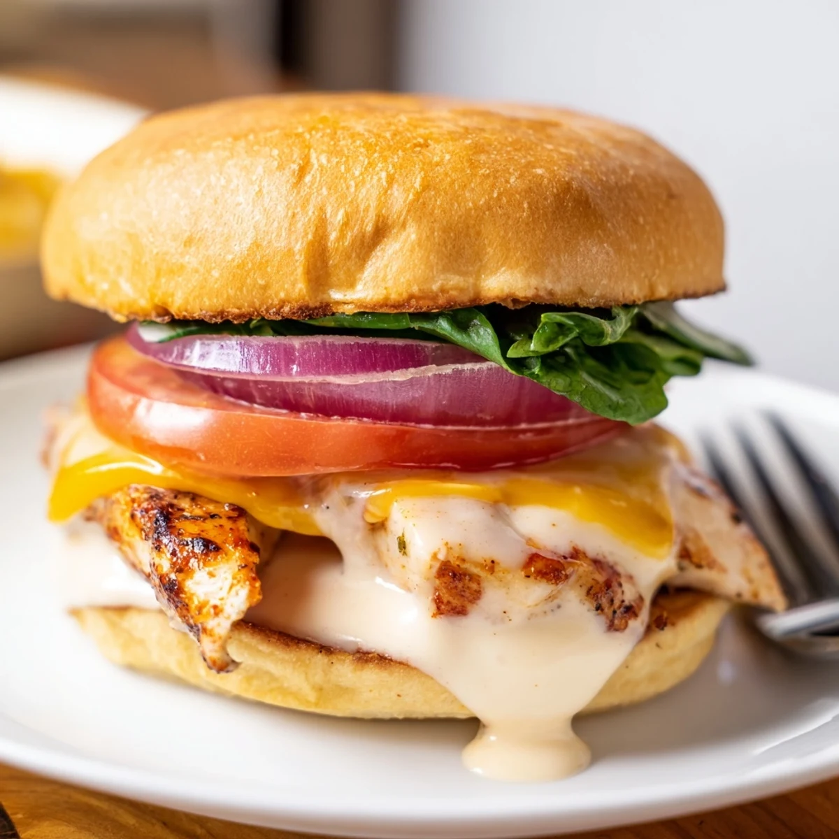 Stacked Spicy Chicken Sandwich With Creamy Sauce, zesty honey-Dijon glaze, sliced tomato