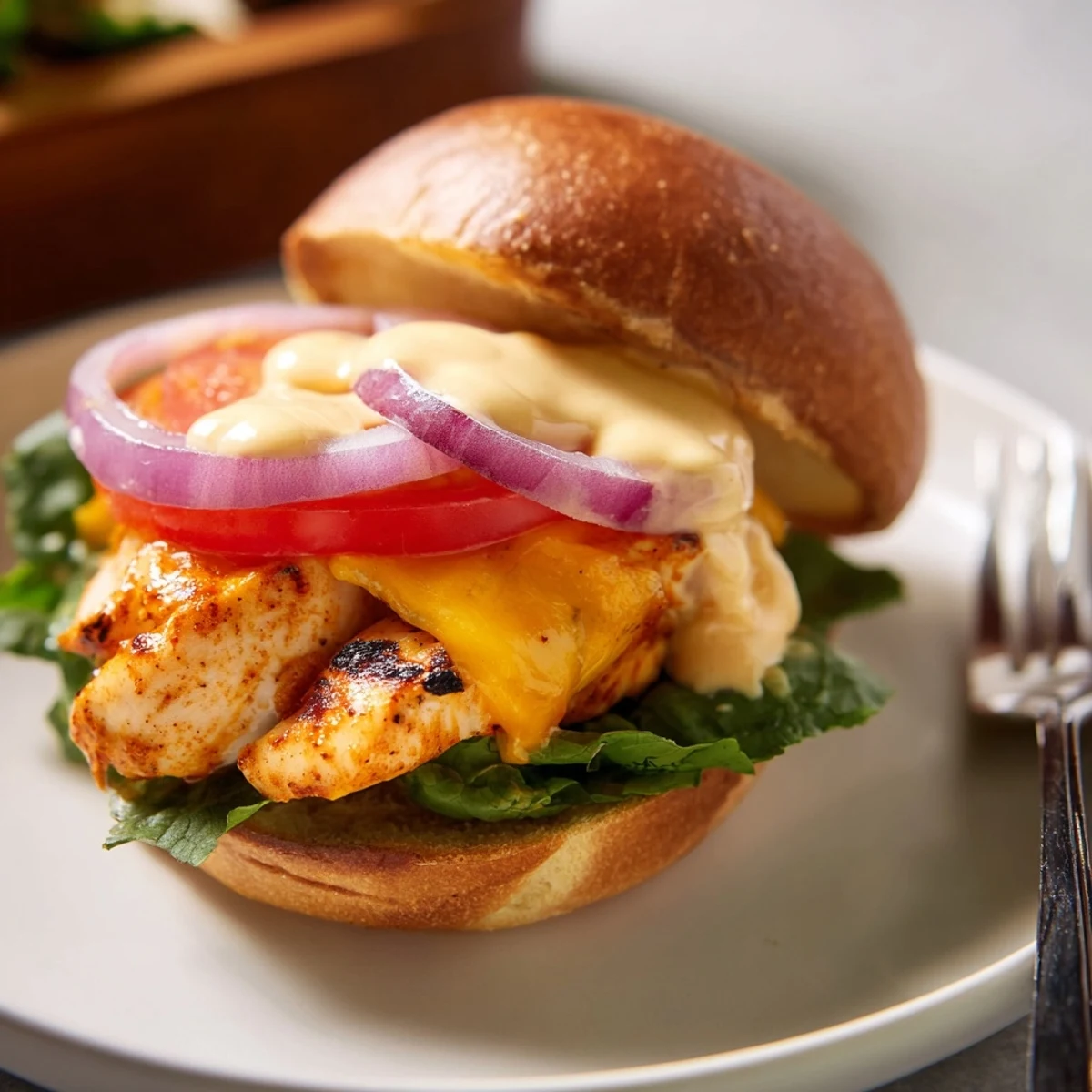 Grilled Spicy Chicken Sandwich With Creamy Sauce, melted cheddar and crisp romaine