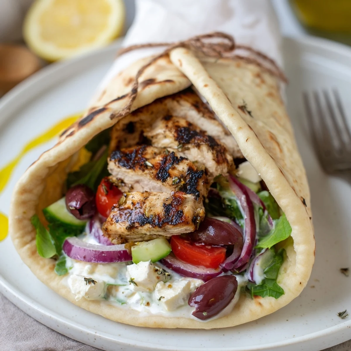 Warm Mediterranean Chicken Pita Wraps rolled with feta, olives, and tangy sauce