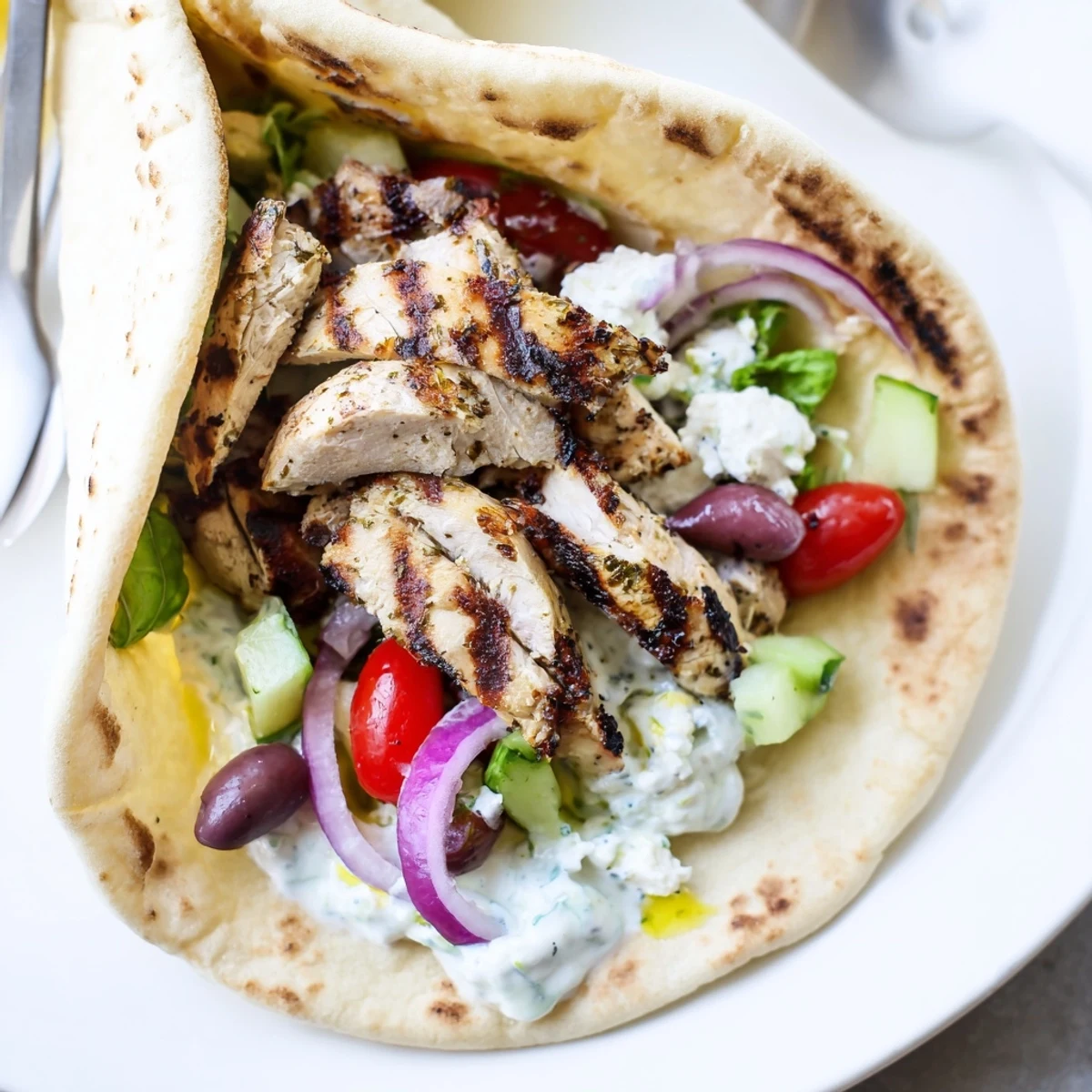 Mediterranean Chicken Pita Wraps with charred chicken, crisp cucumber, creamy yogurt