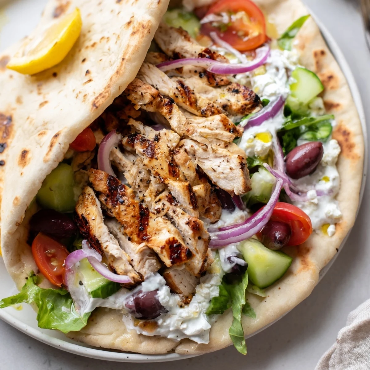 Grilled Mediterranean Chicken Pita Wraps served hot, bright tomatoes, herby yogurt drizzle