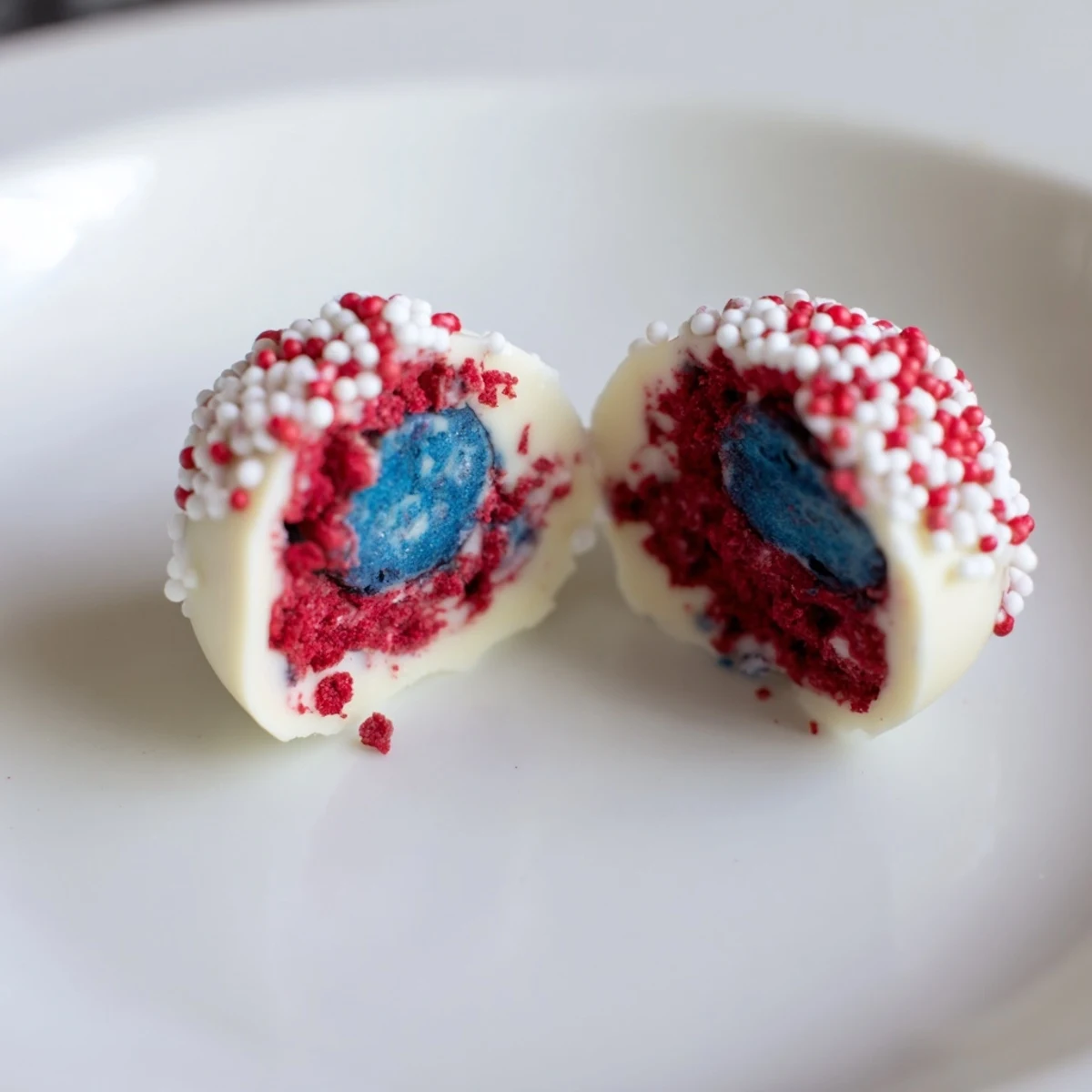 Creamy and patriotic Fourth of July truffles, rolled in sparkling white sprinkles