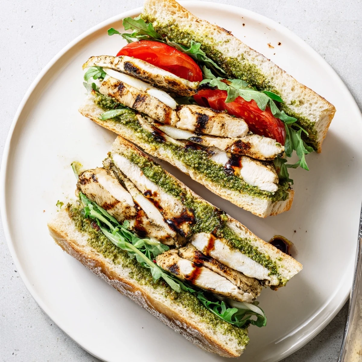 Grilled Chicken Pesto Sandwich with juicy grilled chicken, melty mozzarella, fresh basil