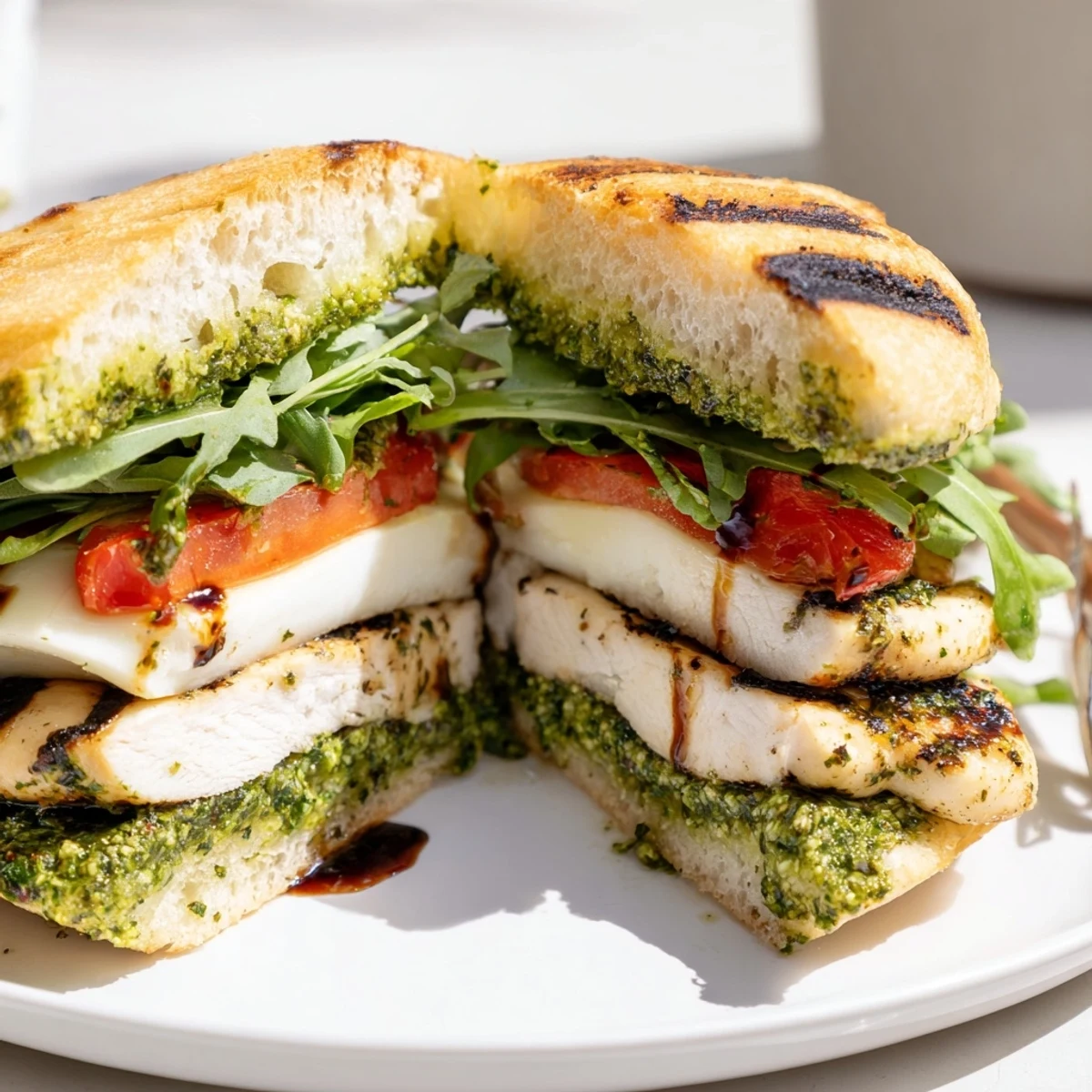 Hearty Grilled Chicken Pesto Sandwich sliced in half, balsamic drizzle, toasted focaccia