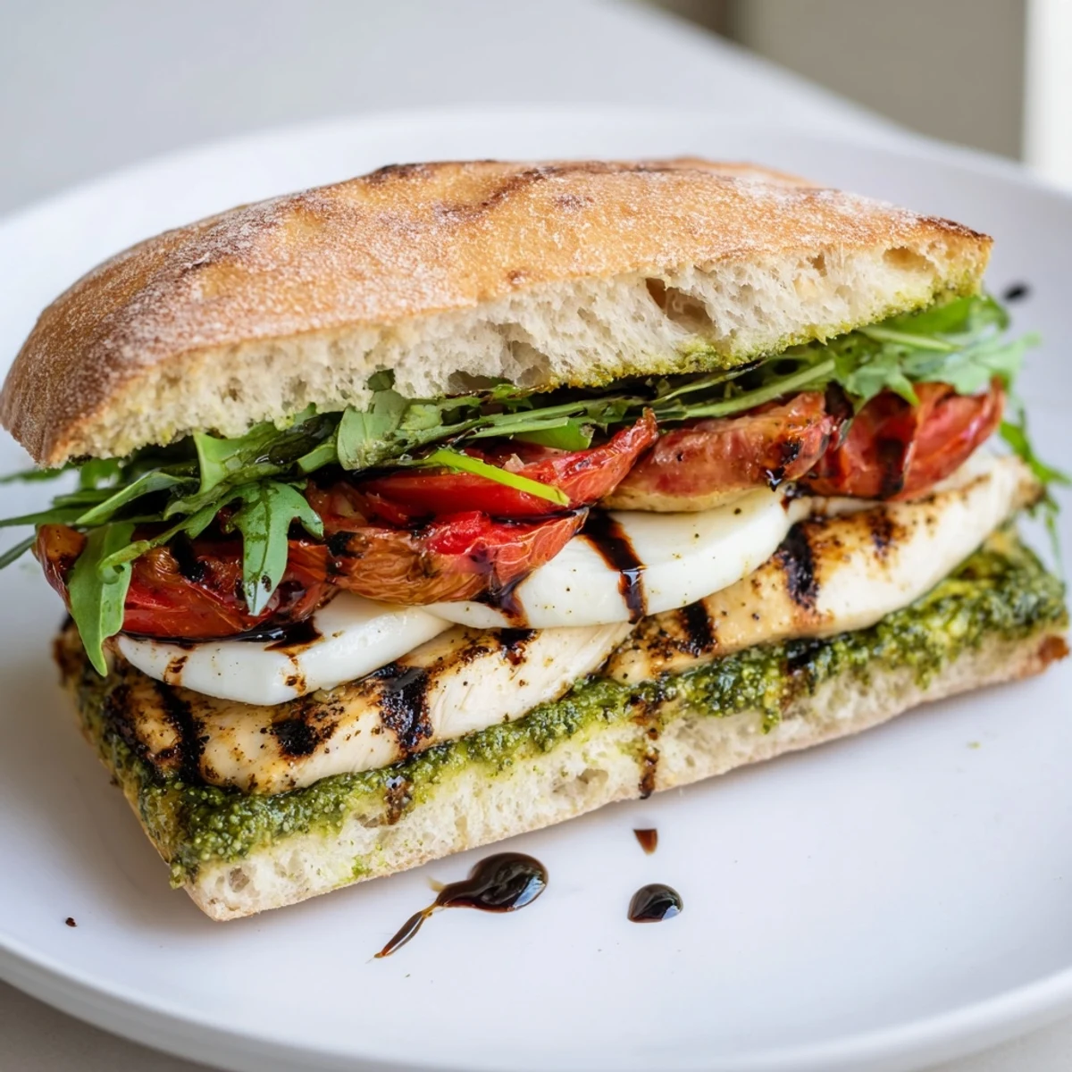 Warm Grilled Chicken Pesto Sandwich with charred grill marks, sliced tomato, arugula