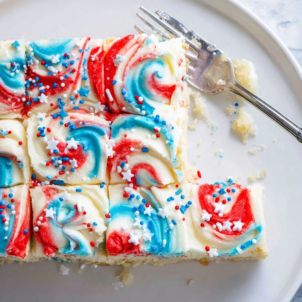 Fresh-baked Patriotic Sugar Cookie Bars resting on parchment, sprinkles glinting