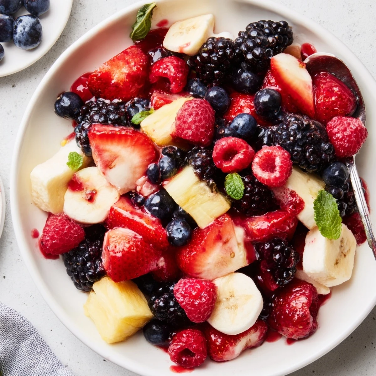 Red White And Blue Fruit Salad with juicy berries, pineapple, and lime zest.