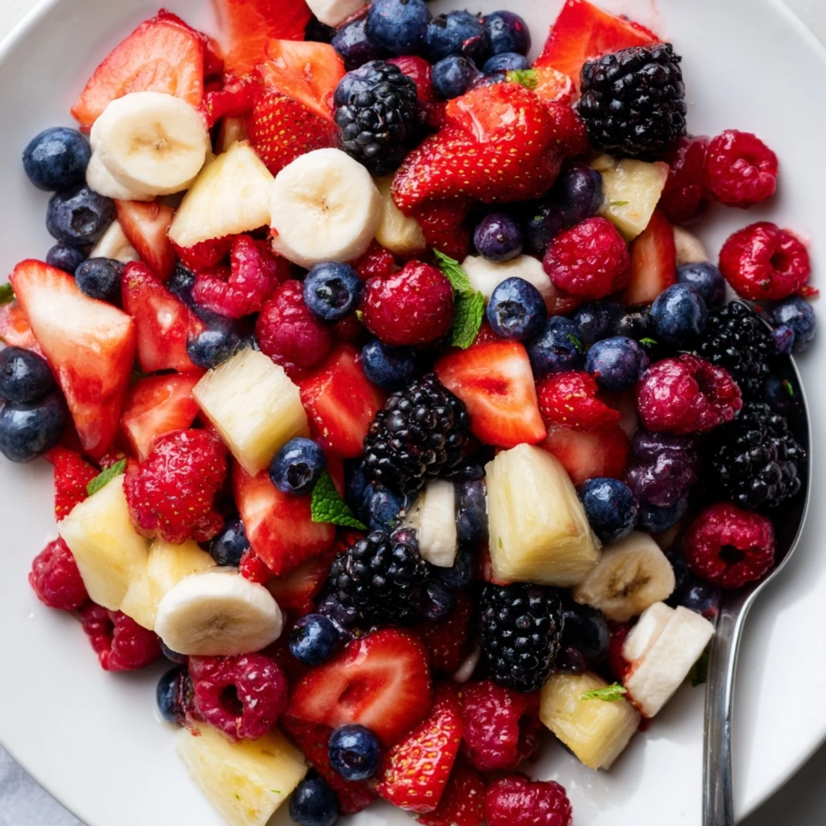 Patriotic Red White And Blue Fruit Salad piled in bowl, mint garnish, zesty.