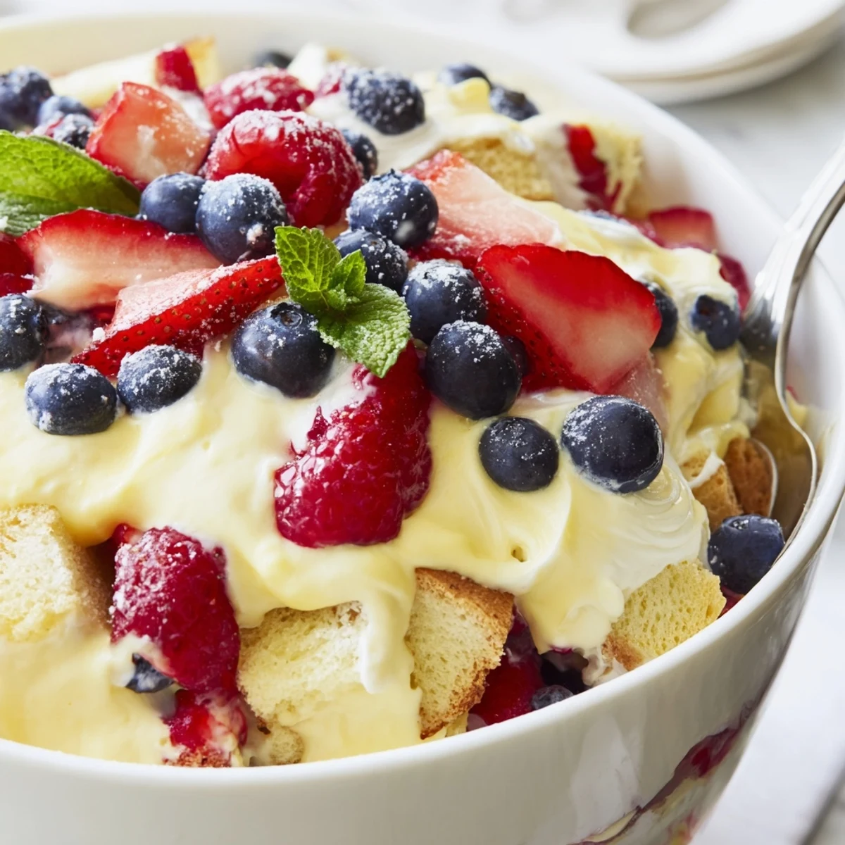 Berry Vanilla Cream Trifle glistening with juicy berries, fluffy cake, chilled