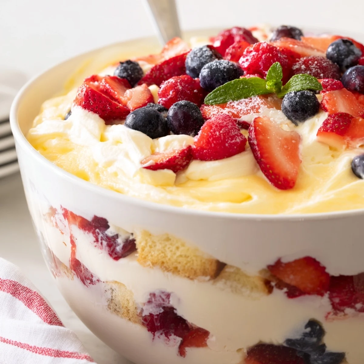 Summer ready Berry Vanilla Cream Trifle in glass bowl, spoon ready to scoop