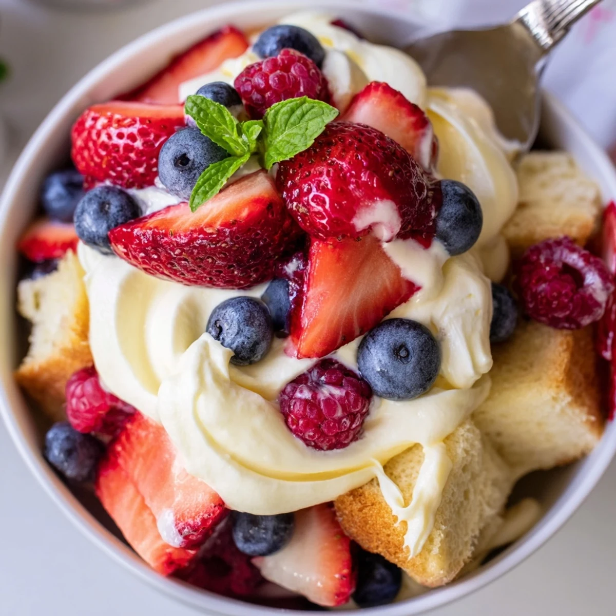 Layered Berry Vanilla Cream Trifle showing custard ribbons, soft cake, burst raspberries