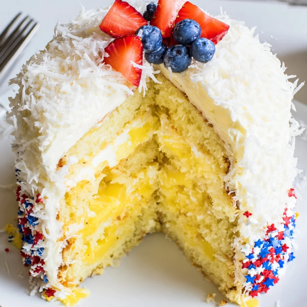 Pineapple Coconut God Bless America Cake sliced, toasted coconut and fresh berries.