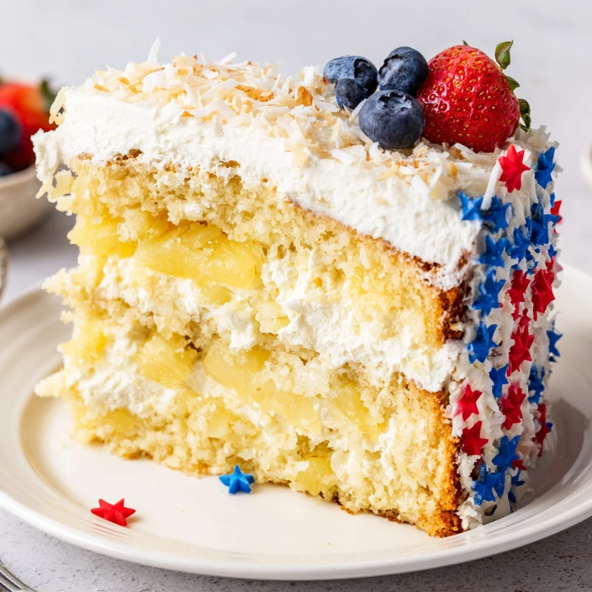Creamy Pineapple Coconut God Bless America Cake layered with zesty pineapple filling.