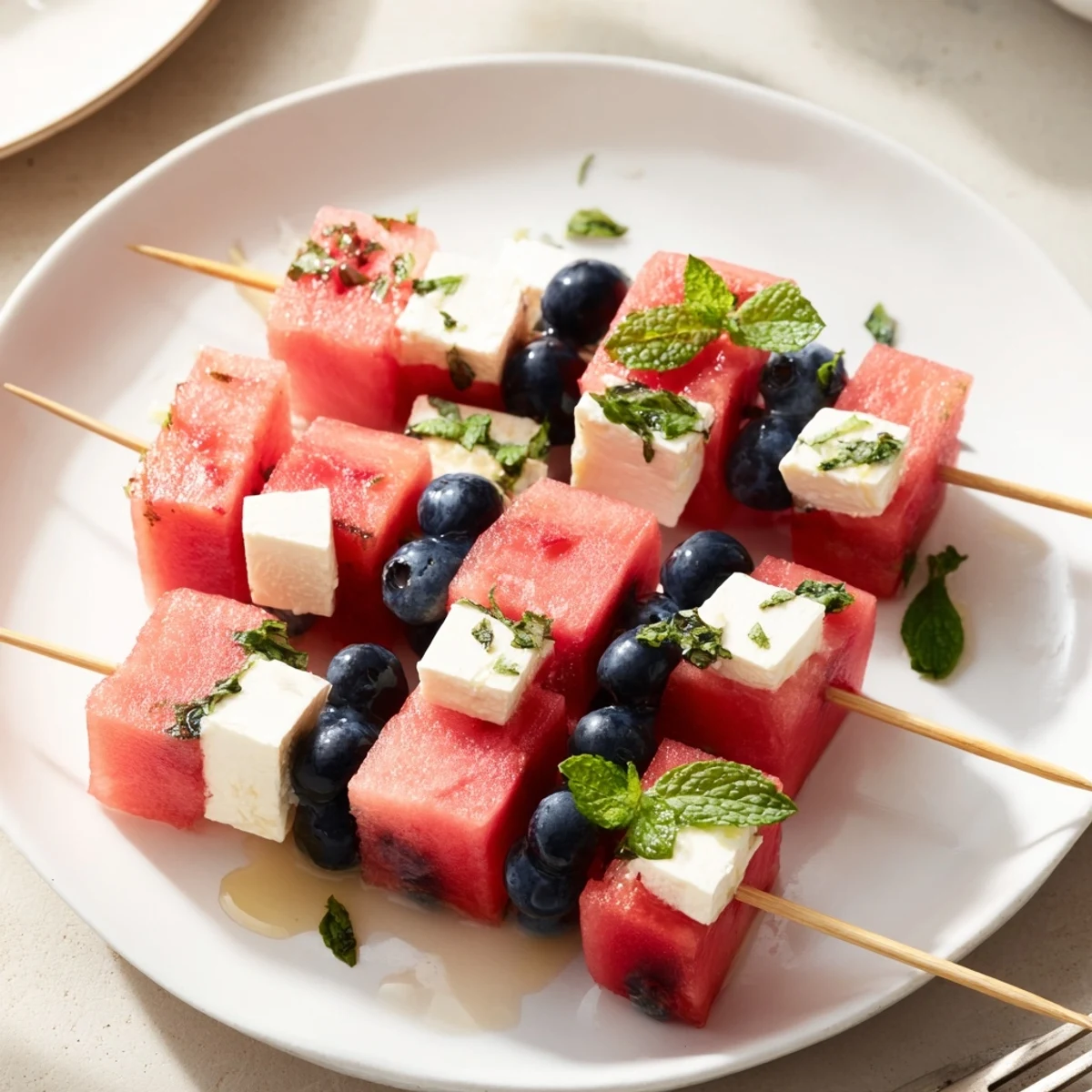 Patriotic Watermelon Feta Skewers chilled on platter, juicy, salty, perfect for picnics