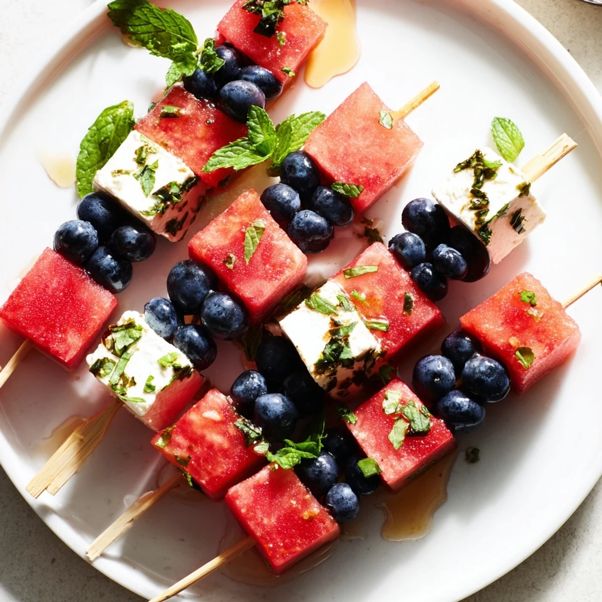 Plated Patriotic Watermelon Feta Skewers drizzled with honey, cool bite for backyard BBQs