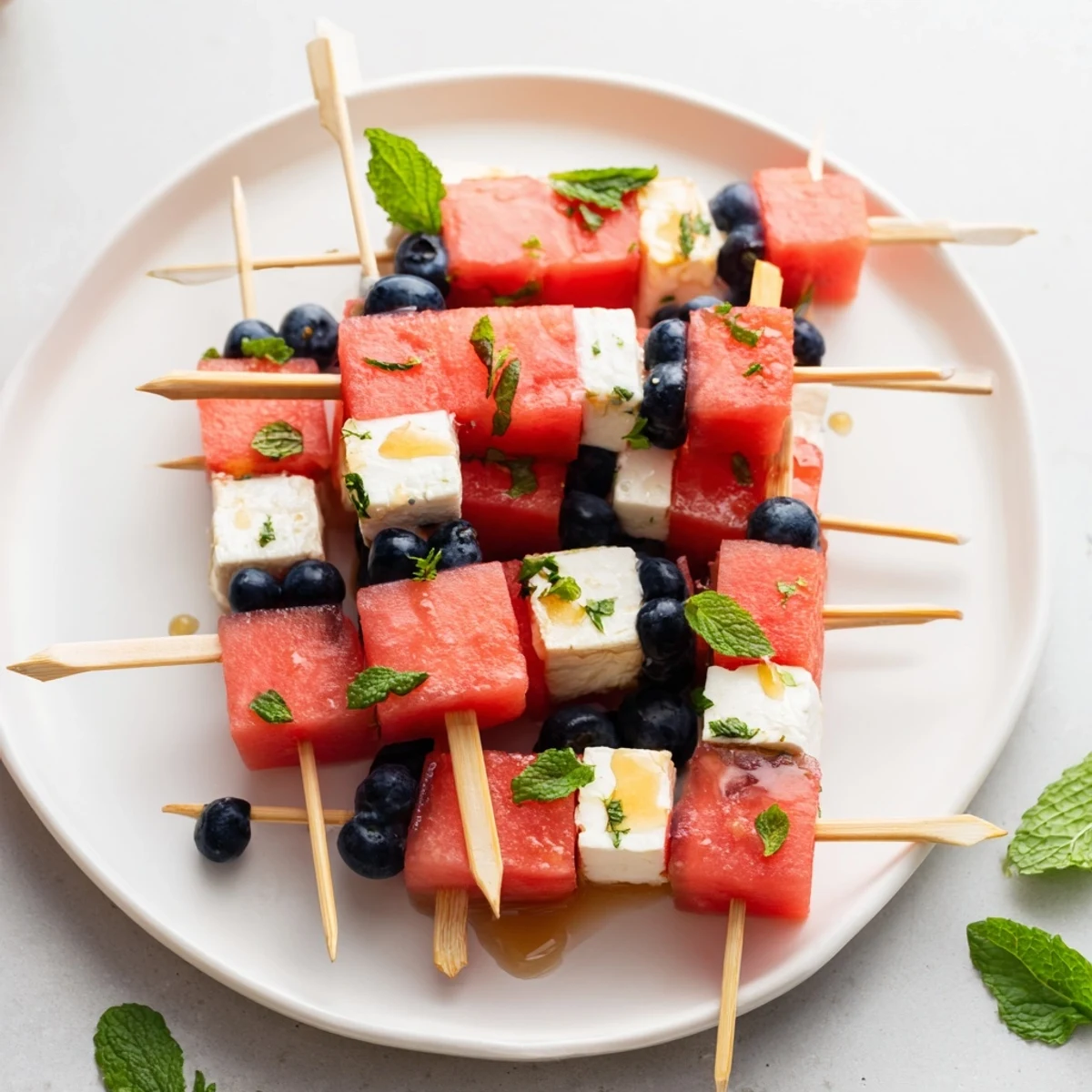Bright Patriotic Watermelon Feta Skewers threaded with blueberries and mint, summer appetizer