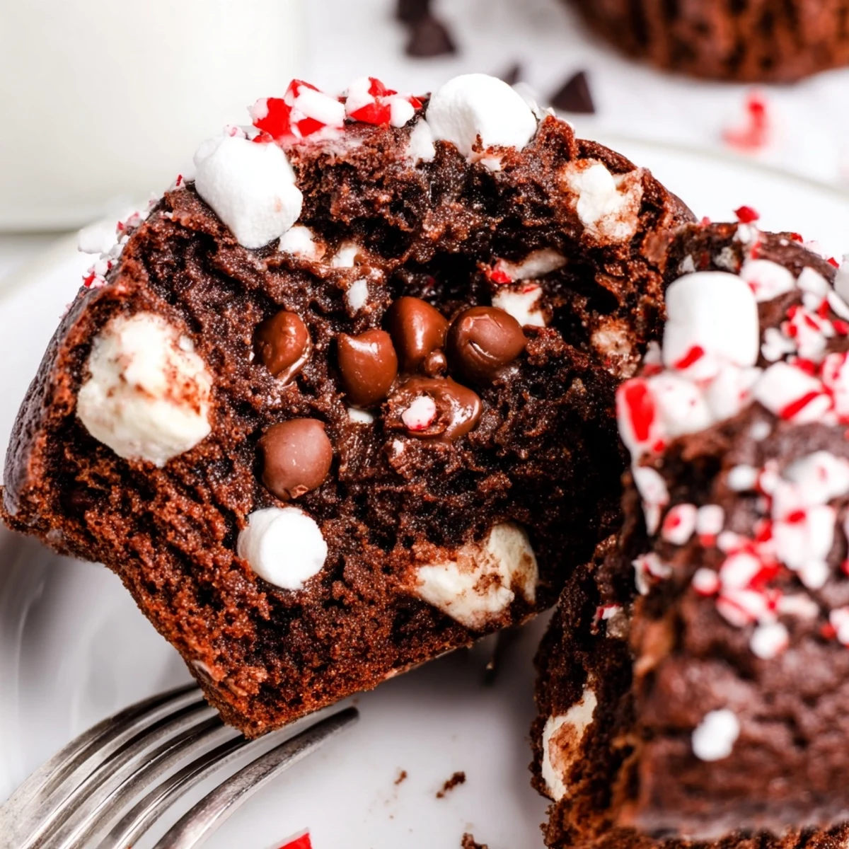Peppermint Hot Chocolate Muffins steaming on a rack, chocolate chips glistening  