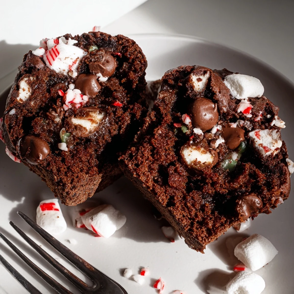 Warm Peppermint Hot Chocolate Muffins topped with crushed peppermint and marshmallows  