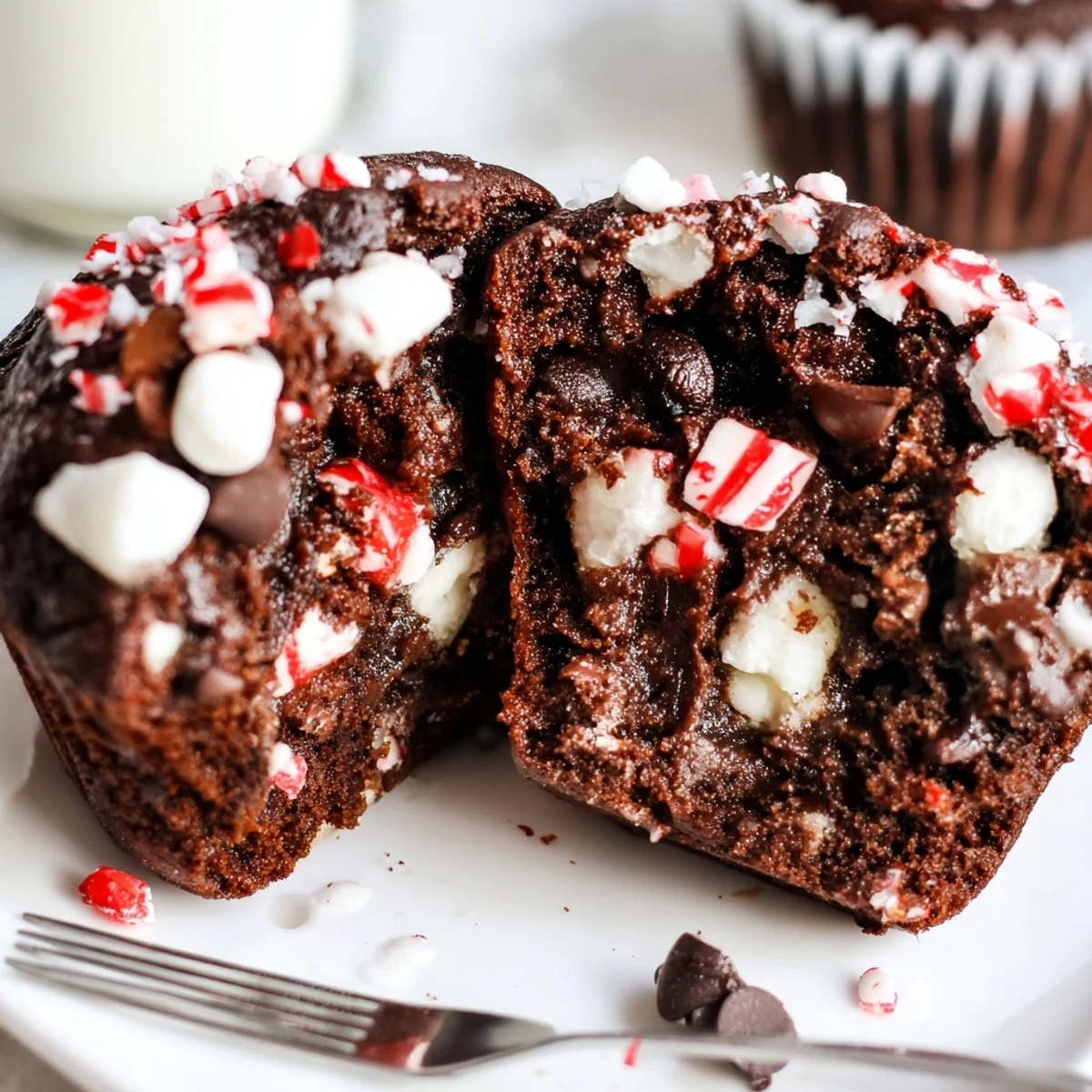 Plate of Peppermint Hot Chocolate Muffins beside a mug of cocoa