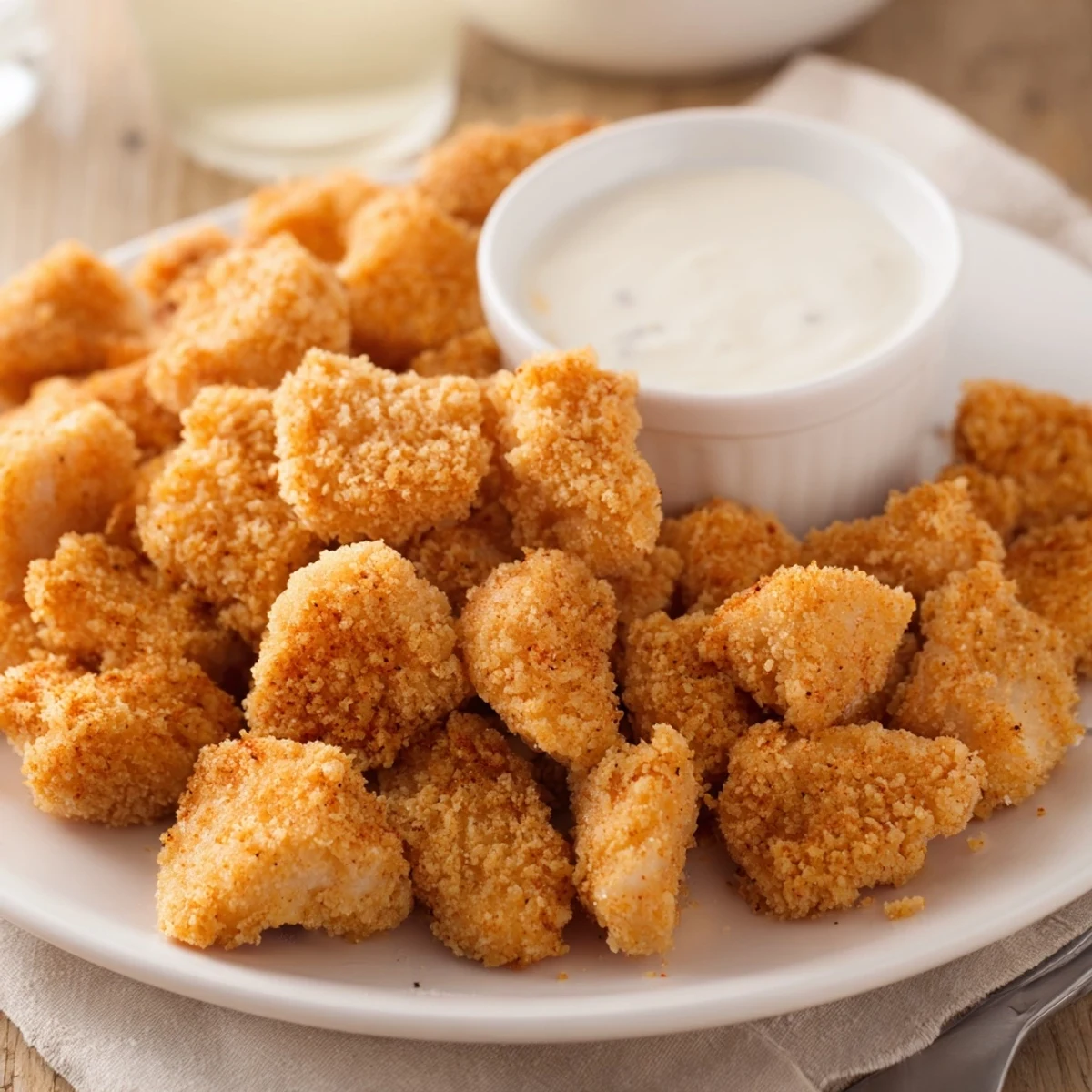 Crispy, seasoned Chicken Bites resting on paper towels, steam rising, ready.