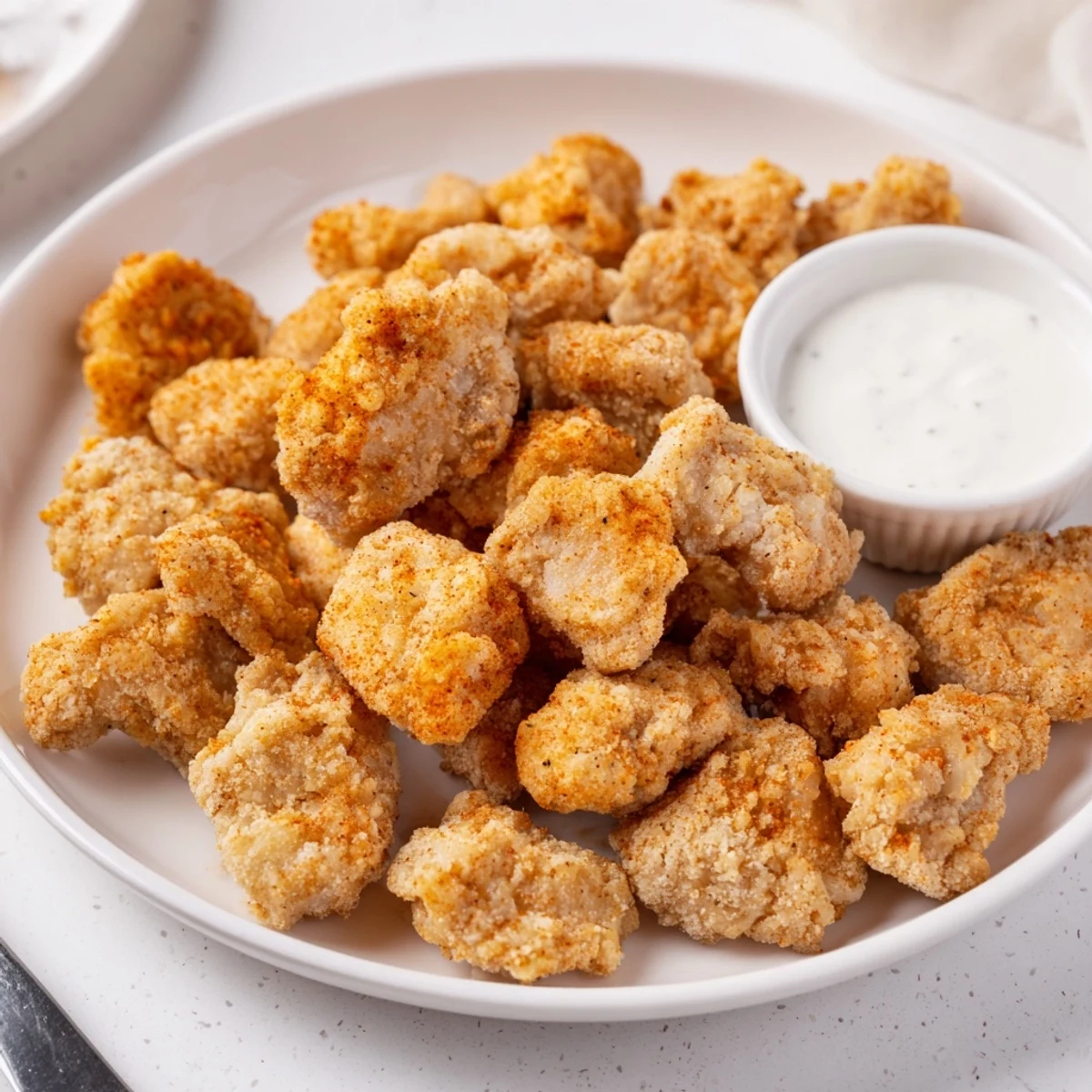 Buttermilk marinated Chicken Bites piled on a platter with ranch.