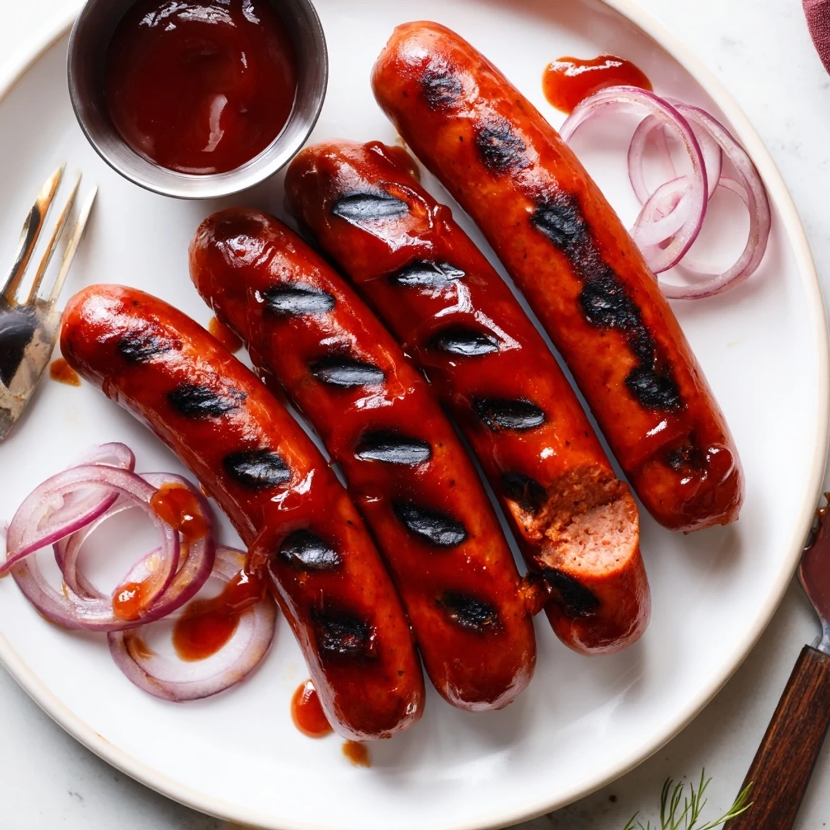 BBQ Sausage Recipe: charred, glistening links brushed with tangy sauce over charcoal