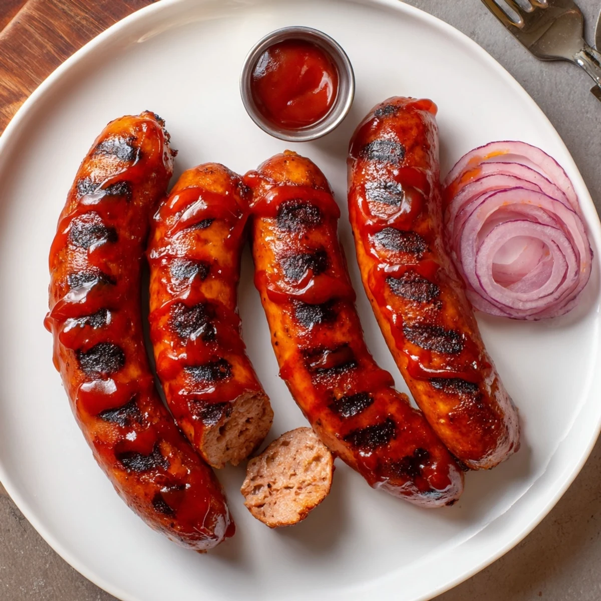 Smoky BBQ Sausage Recipe sizzling on the grill with caramelized glaze and corn