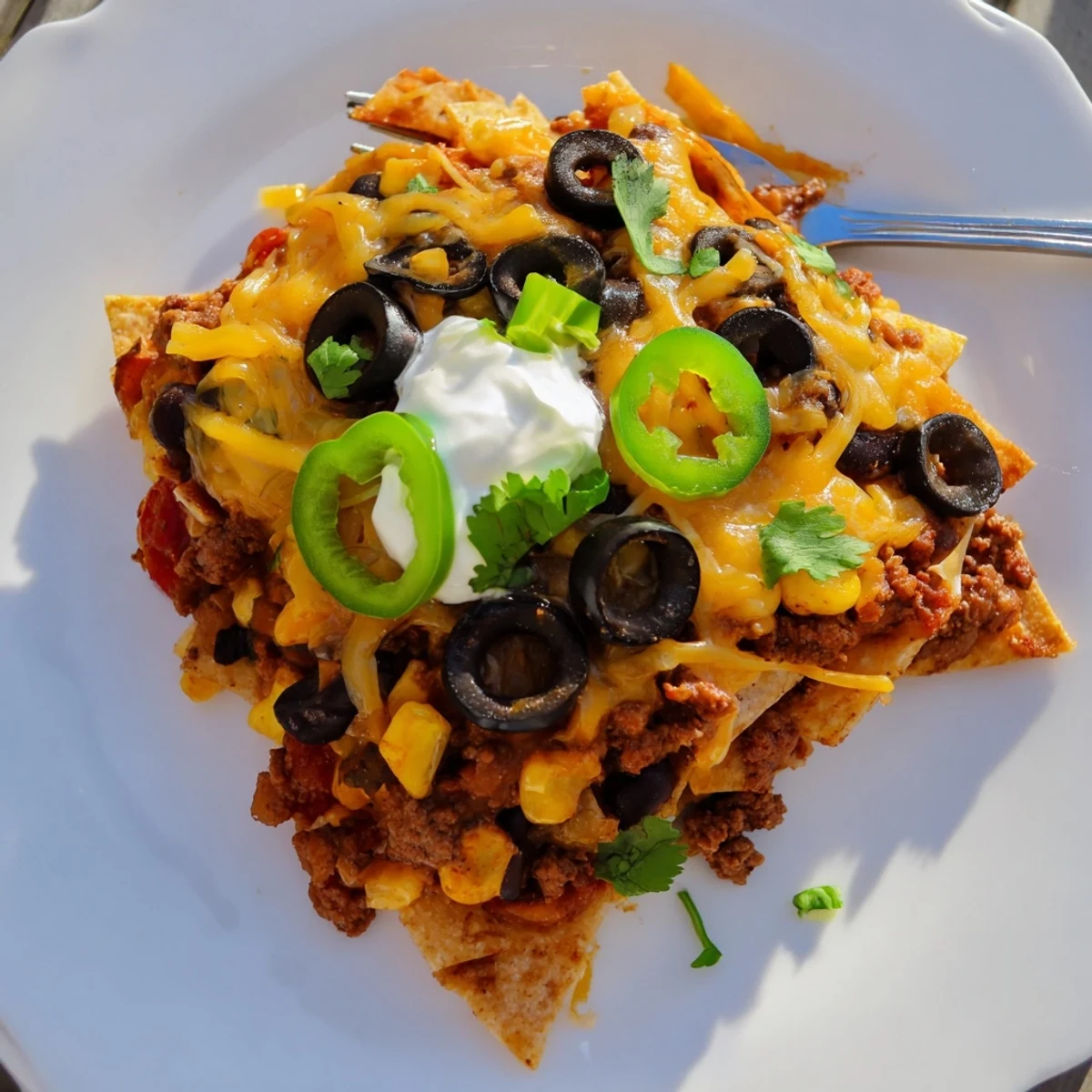 Cheesy Nacho Casserole bubbling with golden melted cheese, crisp chips peeking through