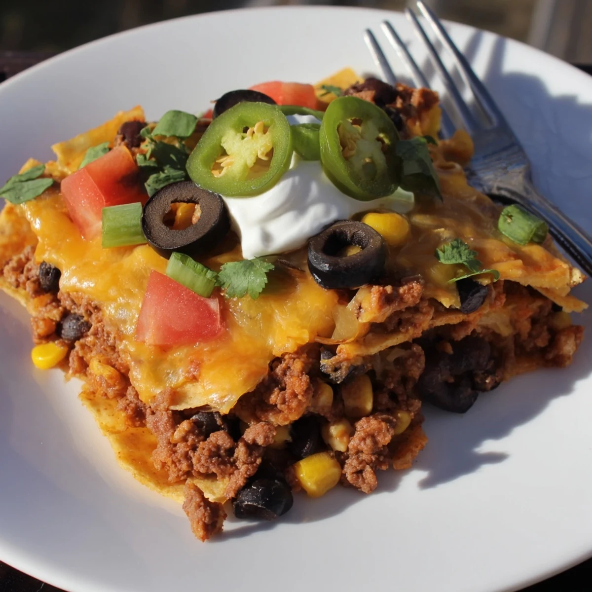 Family-style Cheesy Nacho Casserole layered with seasoned beef, topped with cilantro