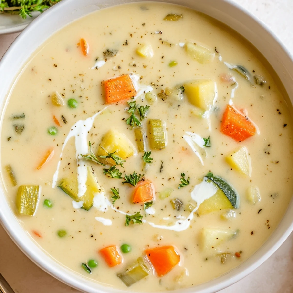 Creamy Vegetable Soup Recipe steaming hot, velvety texture with fresh herbs