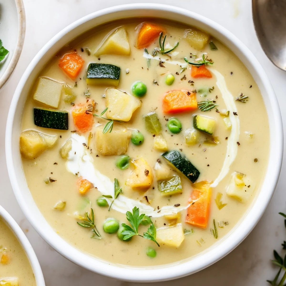 Bowl of Creamy Vegetable Soup Recipe garnished with parsley, paired with bread