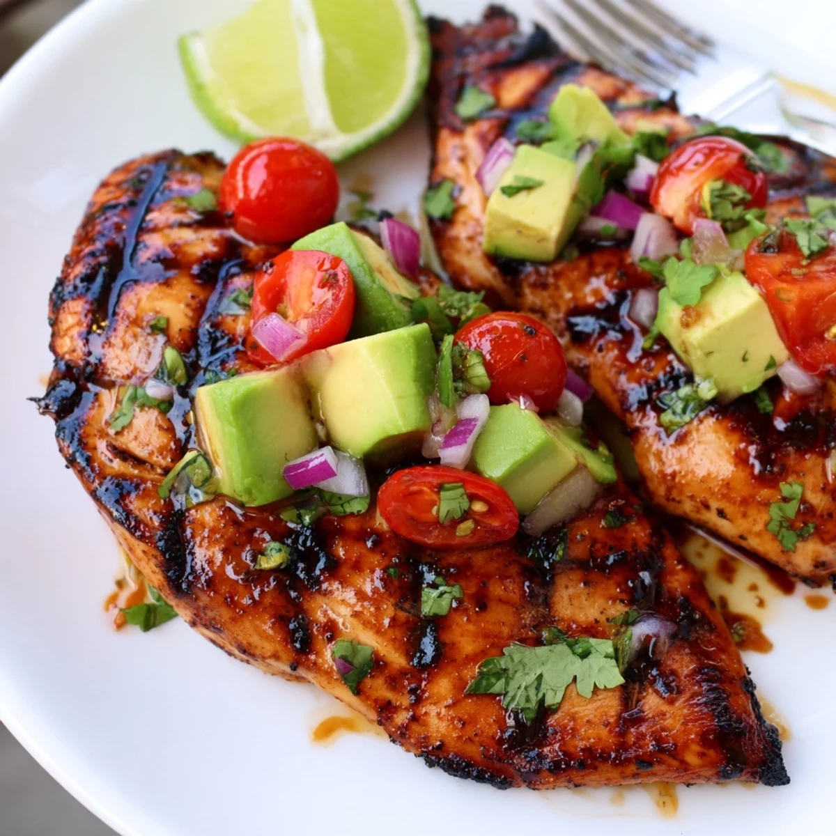 Fiesta Lime Chicken With Avocado served over cilantro-lime rice, bright garnish.