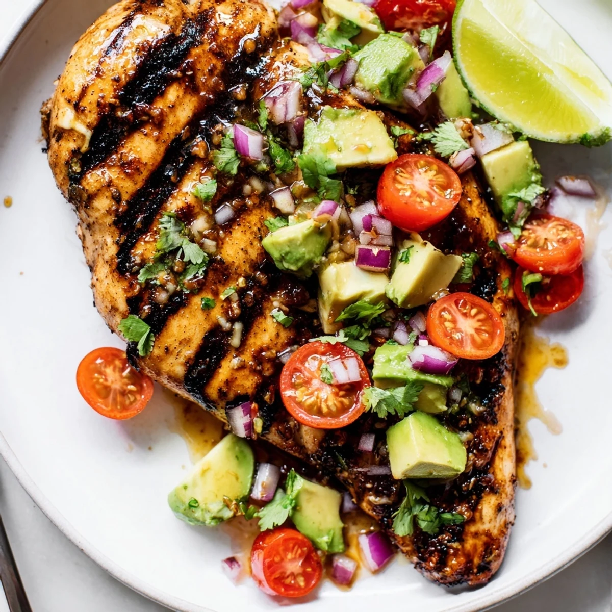 Smoky grilled Fiesta Lime Chicken With Avocado topped with diced tomatoes.