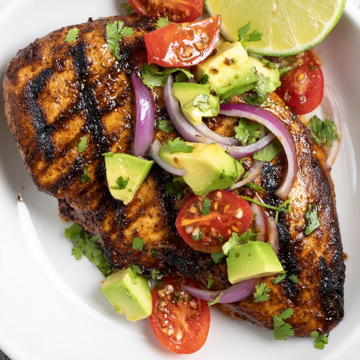 Charred Fiesta Lime Chicken With Avocado finished with tangy lime and cilantro.