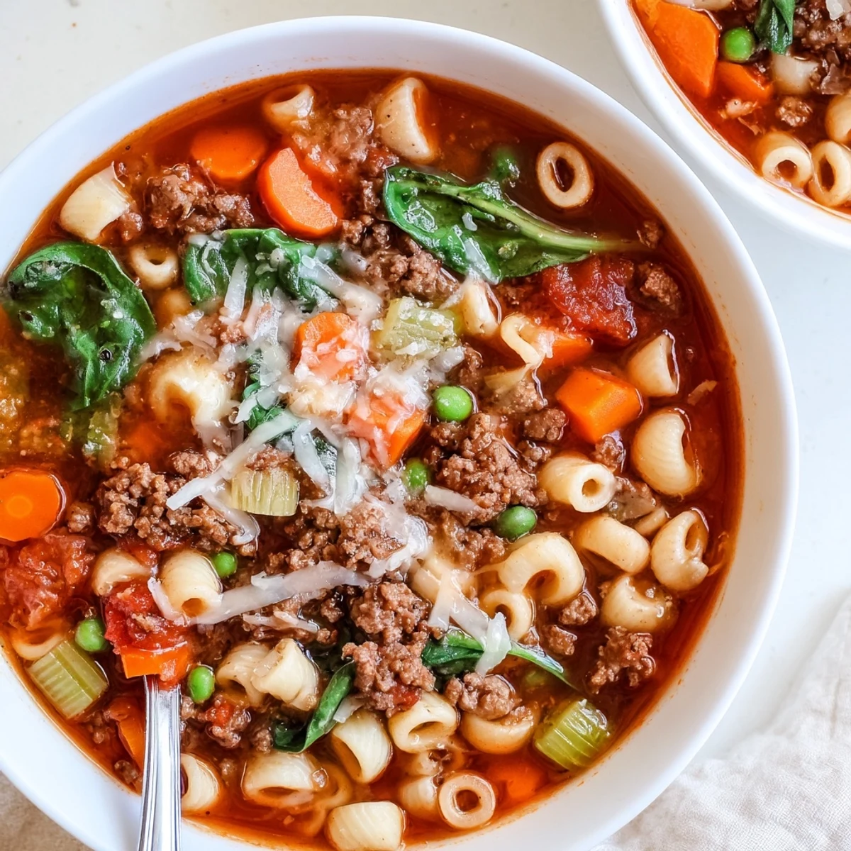 Bowl of Delicious Homemade Ground Beef Pasta Soup steaming, hearty vegetables visible
