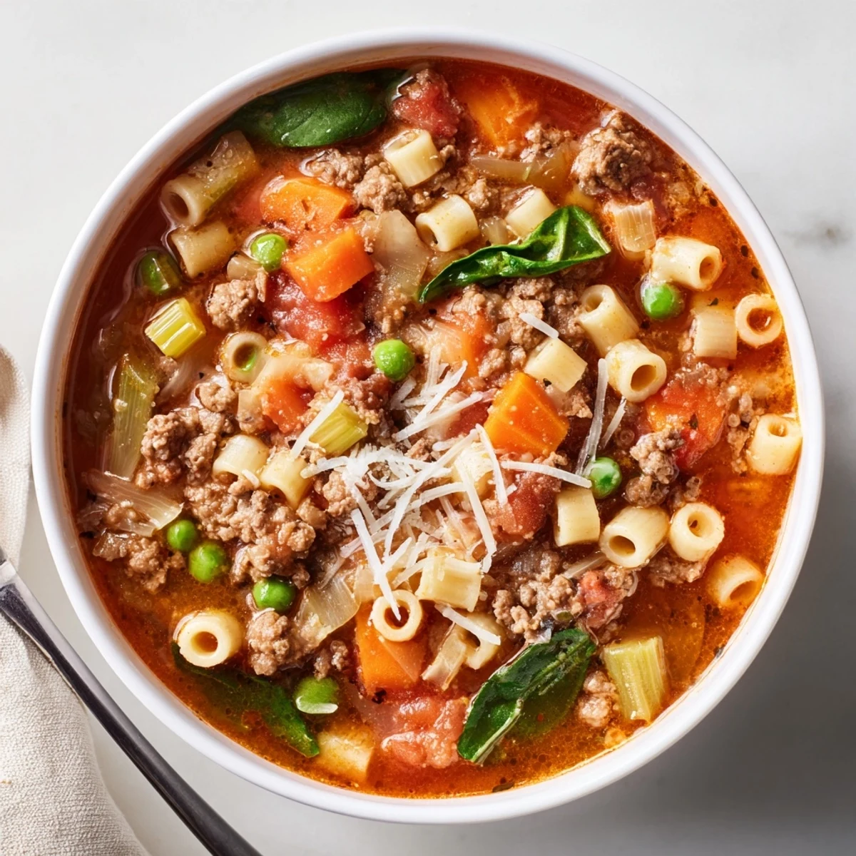 Rustic bowl of Delicious Homemade Ground Beef Pasta Soup garnished with Parmesan